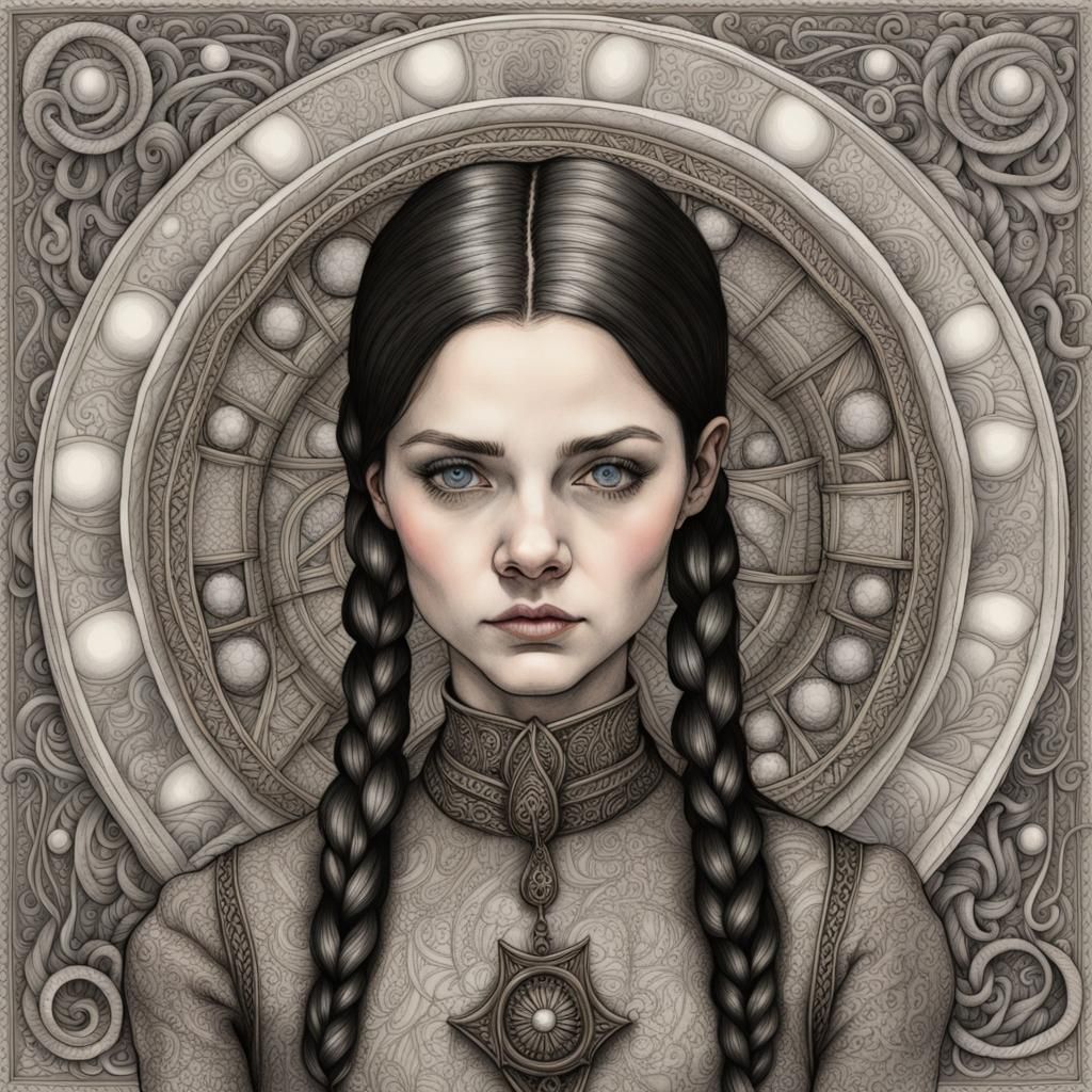 Wednesday Addams in Zentangle Style with Dramatic Lighting