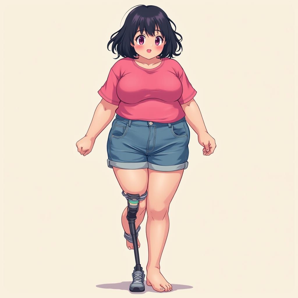 Confident Anime Girl with One Leg, Bright Pink Top, and High...