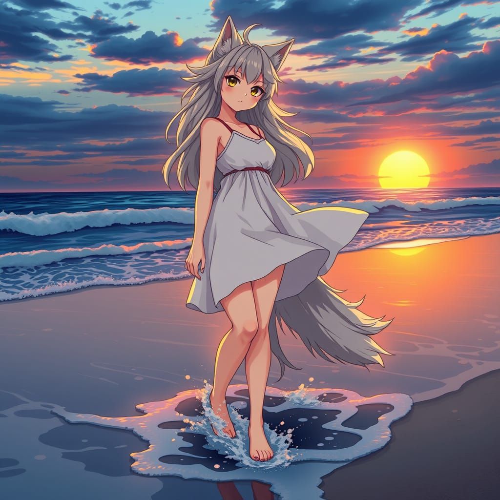 Serene Wolf Goddess at Sunset
