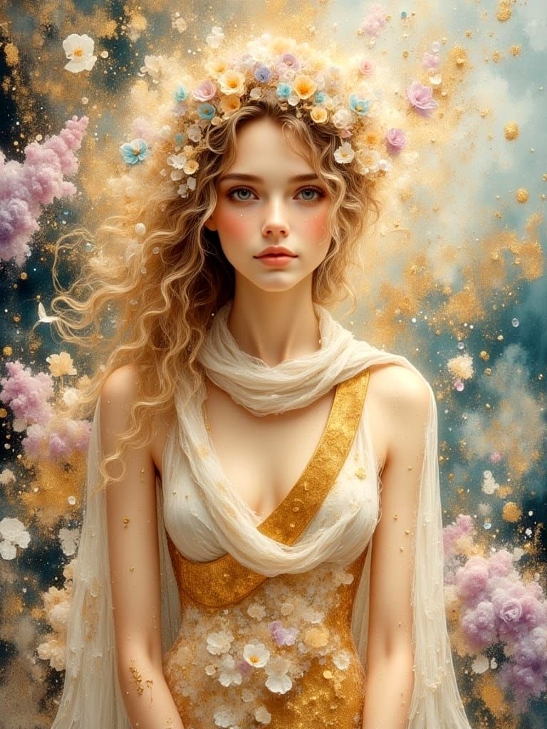 Woman in Golden Dress with Pastel Headband and Scarf