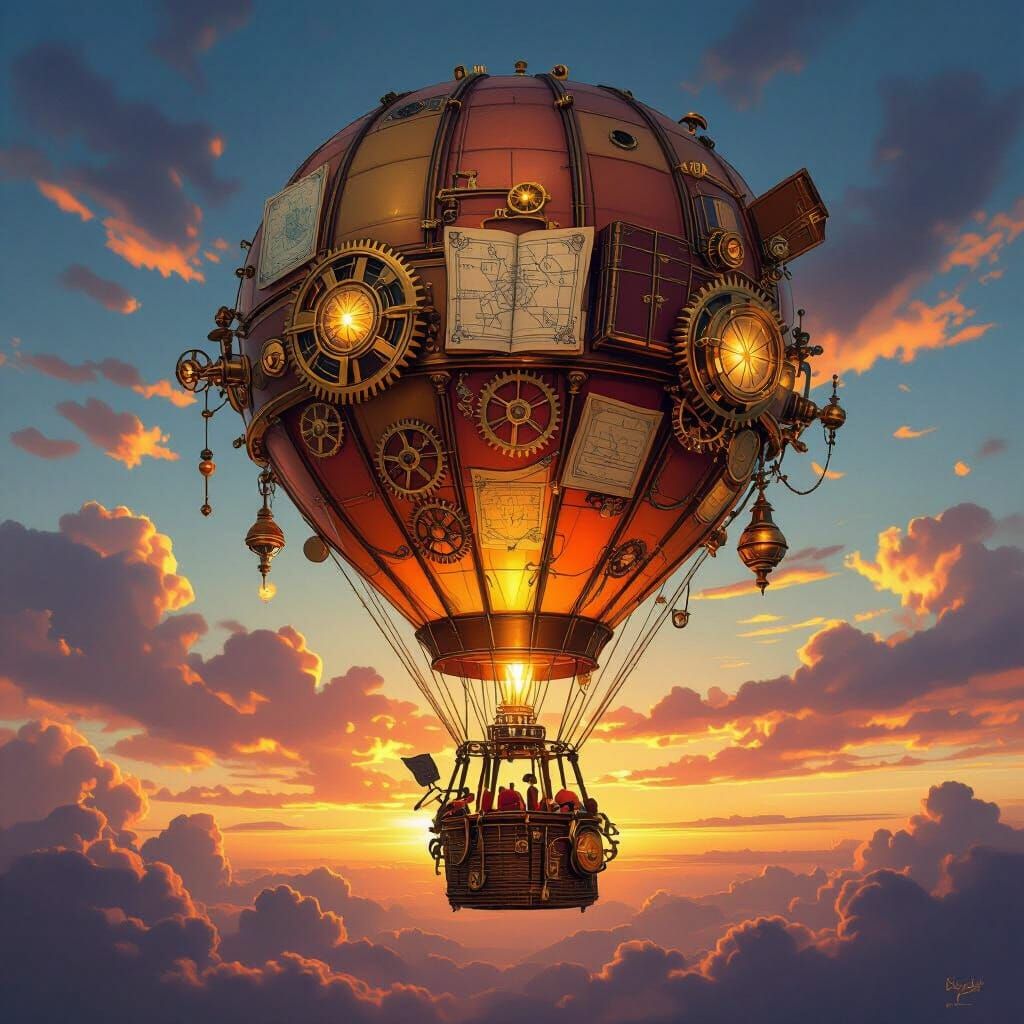 Steampunk Hot Air Balloon Soaring at Sunset