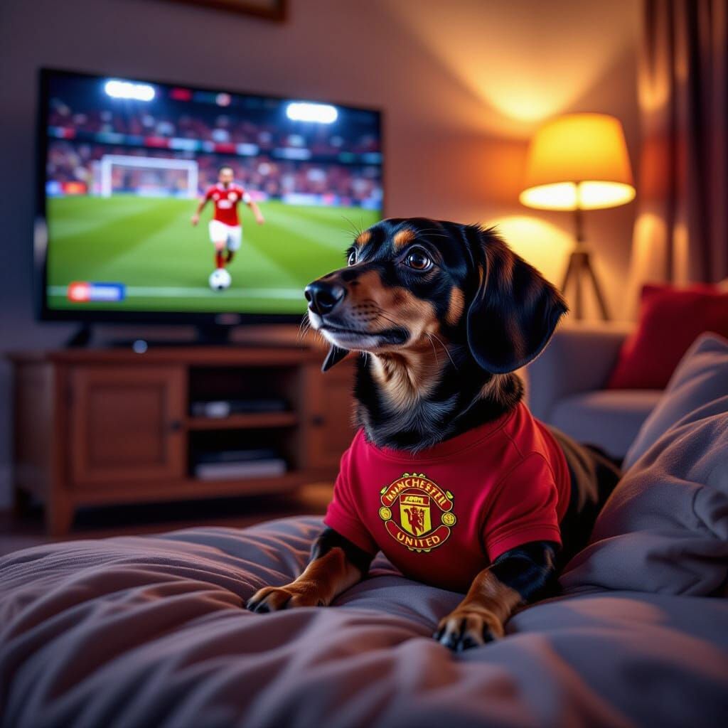 Dachshund in Man Utd Shirt Celebrates Goal Watching Football