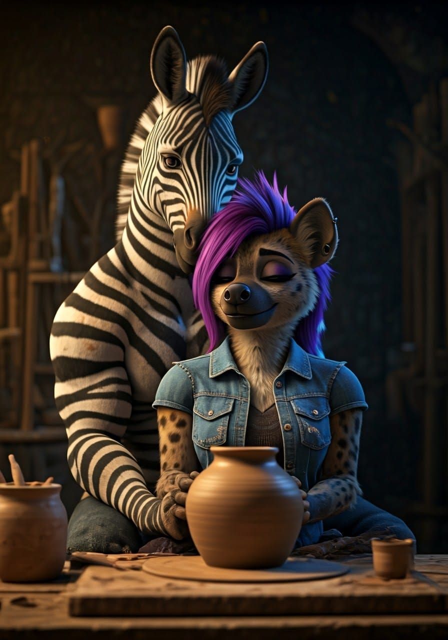 Romantic Sculpture Scene with Anthropomorphic Zebra and Hyen...
