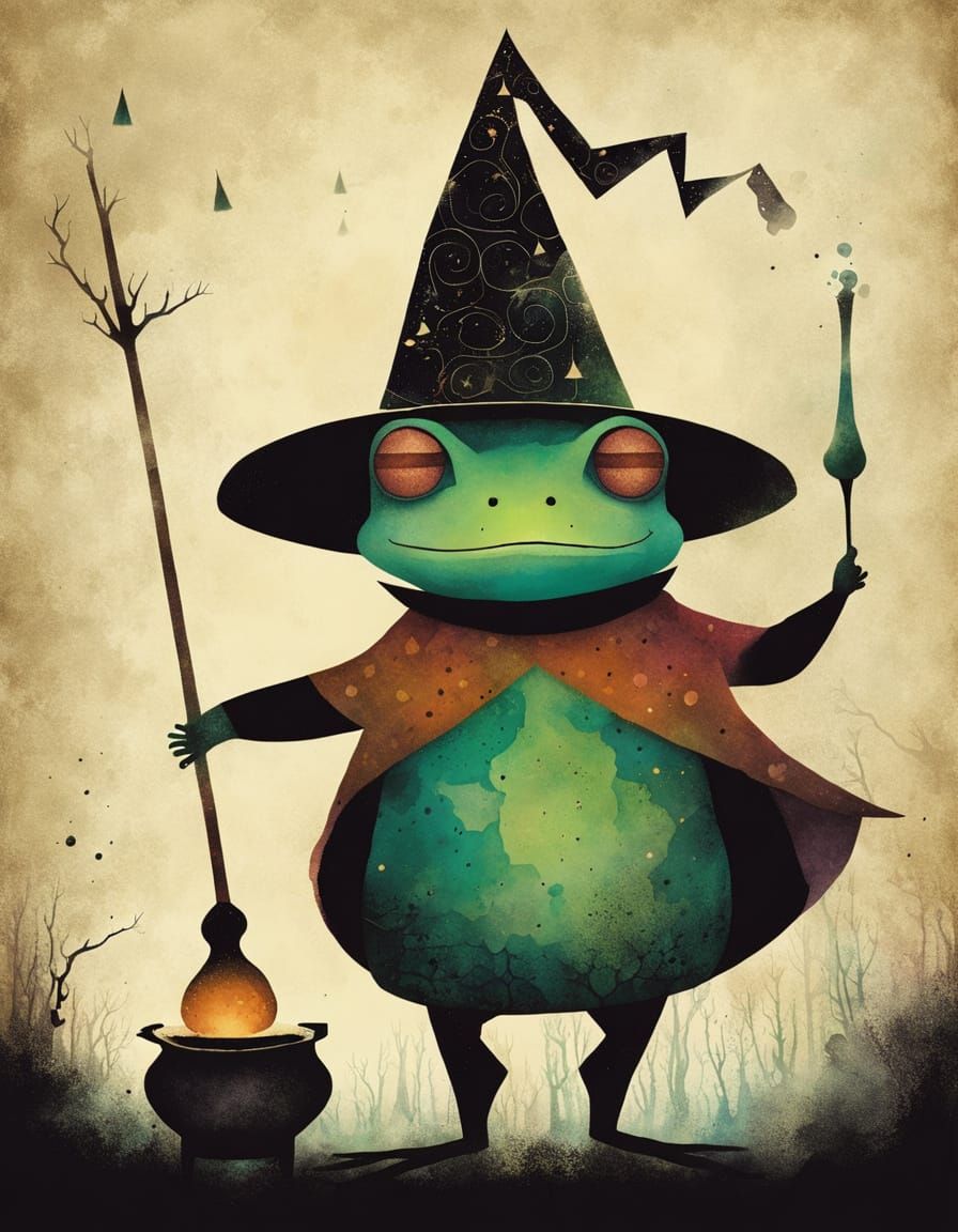 Whimsical Frog Witch Concocts Magic in a Vibrant, High-Contr...