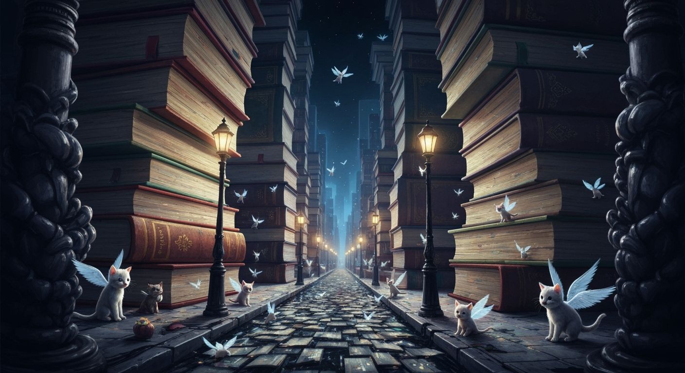 Surreal Book Cityscape with Ink Streets and Winged Kittens