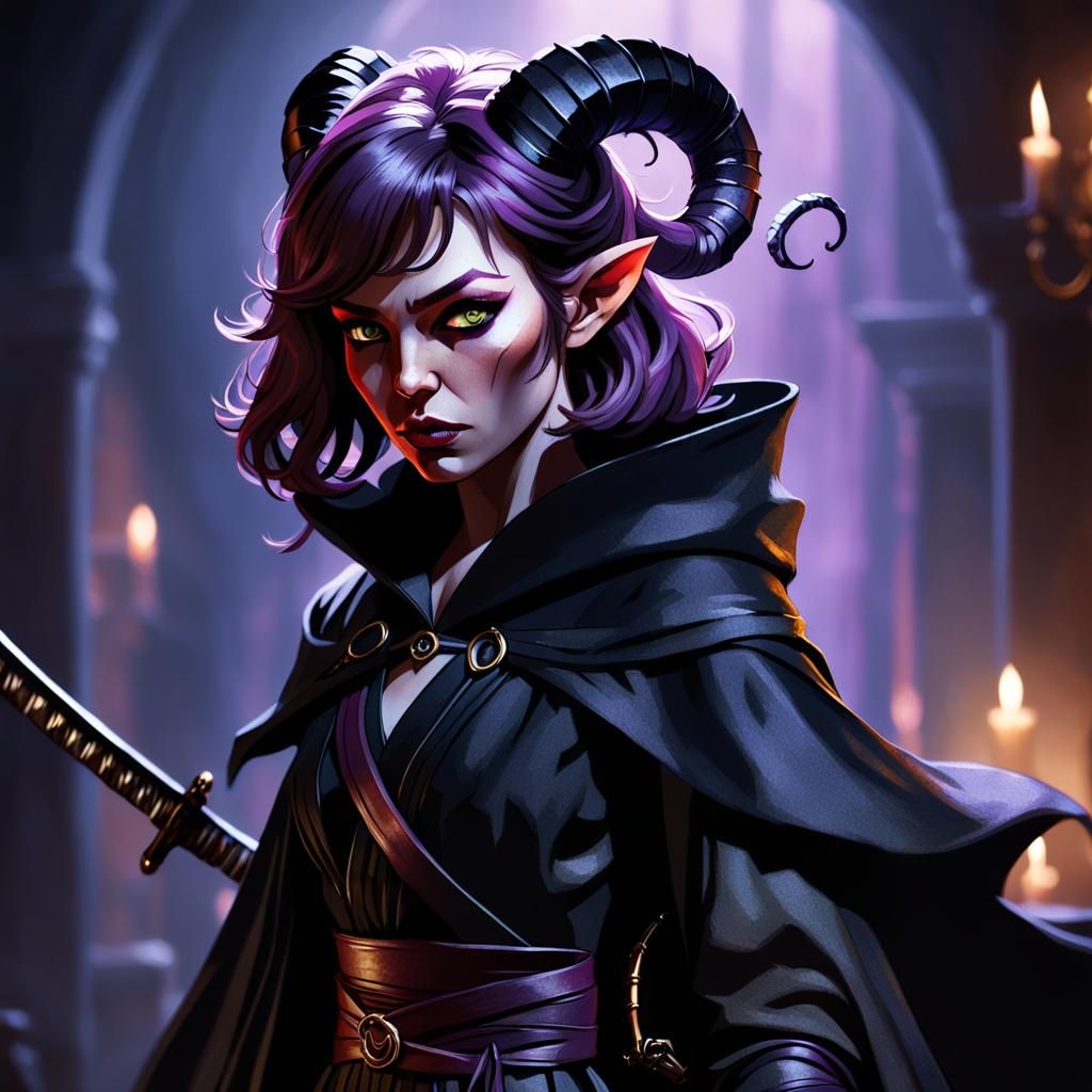 Tiefling Warrior in Dark Fantasy Chiaroscuro Style