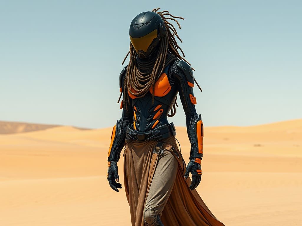 Sleek Cybernetic Warrior Stands in the Desert