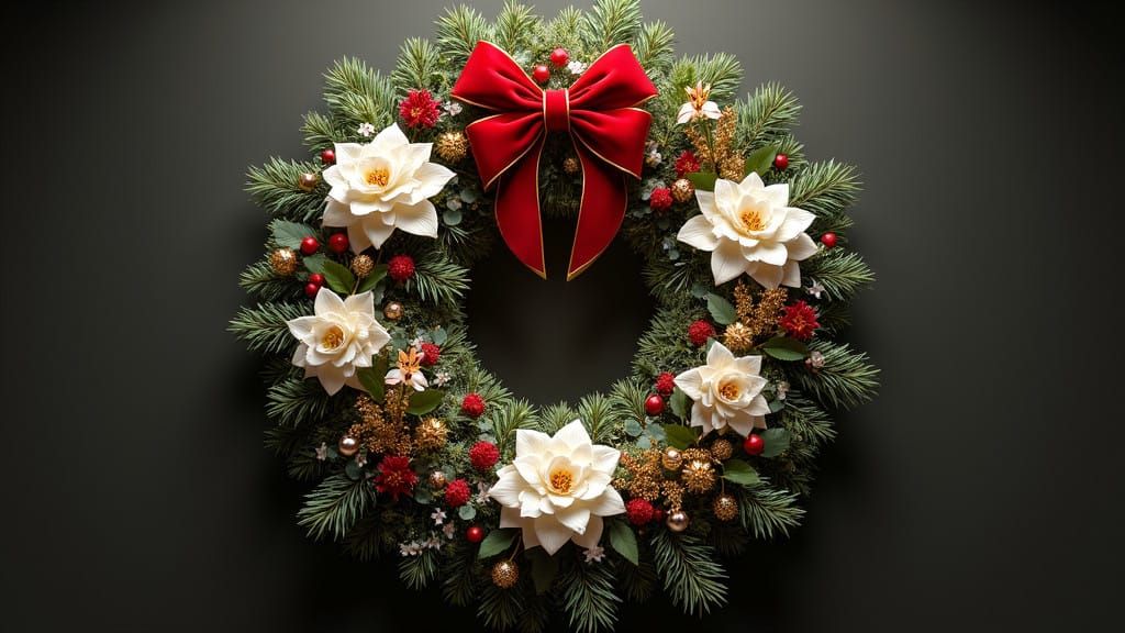 Ethereal Christmas Wreath in Vibrant Colors and Golden Accen...