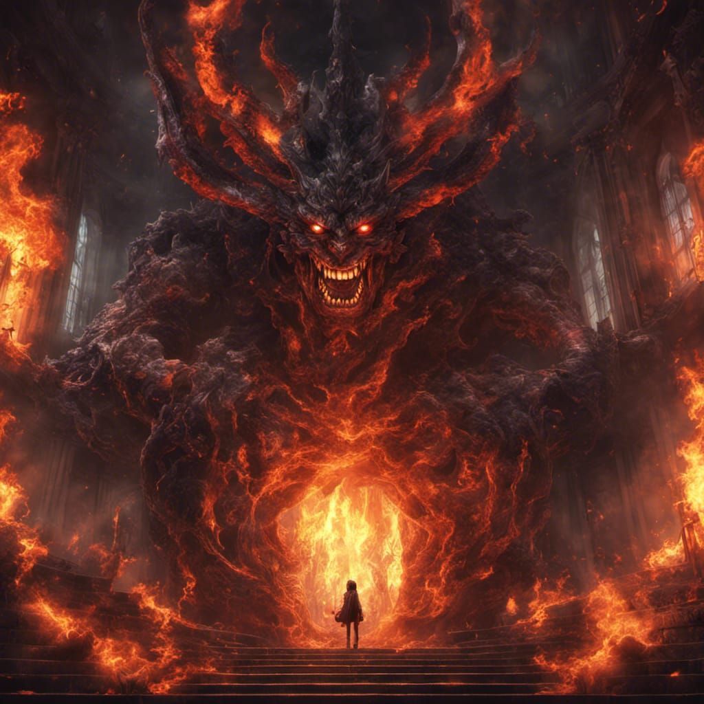Anime Demon in Fire Castle: Hyperrealistic HDR Image