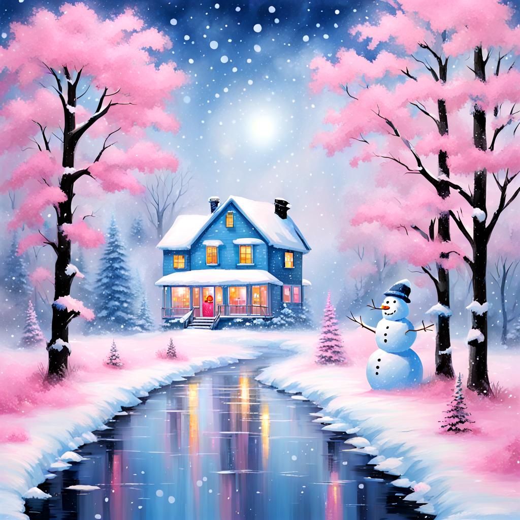 Snowman in Pink and Blue Snowstorm