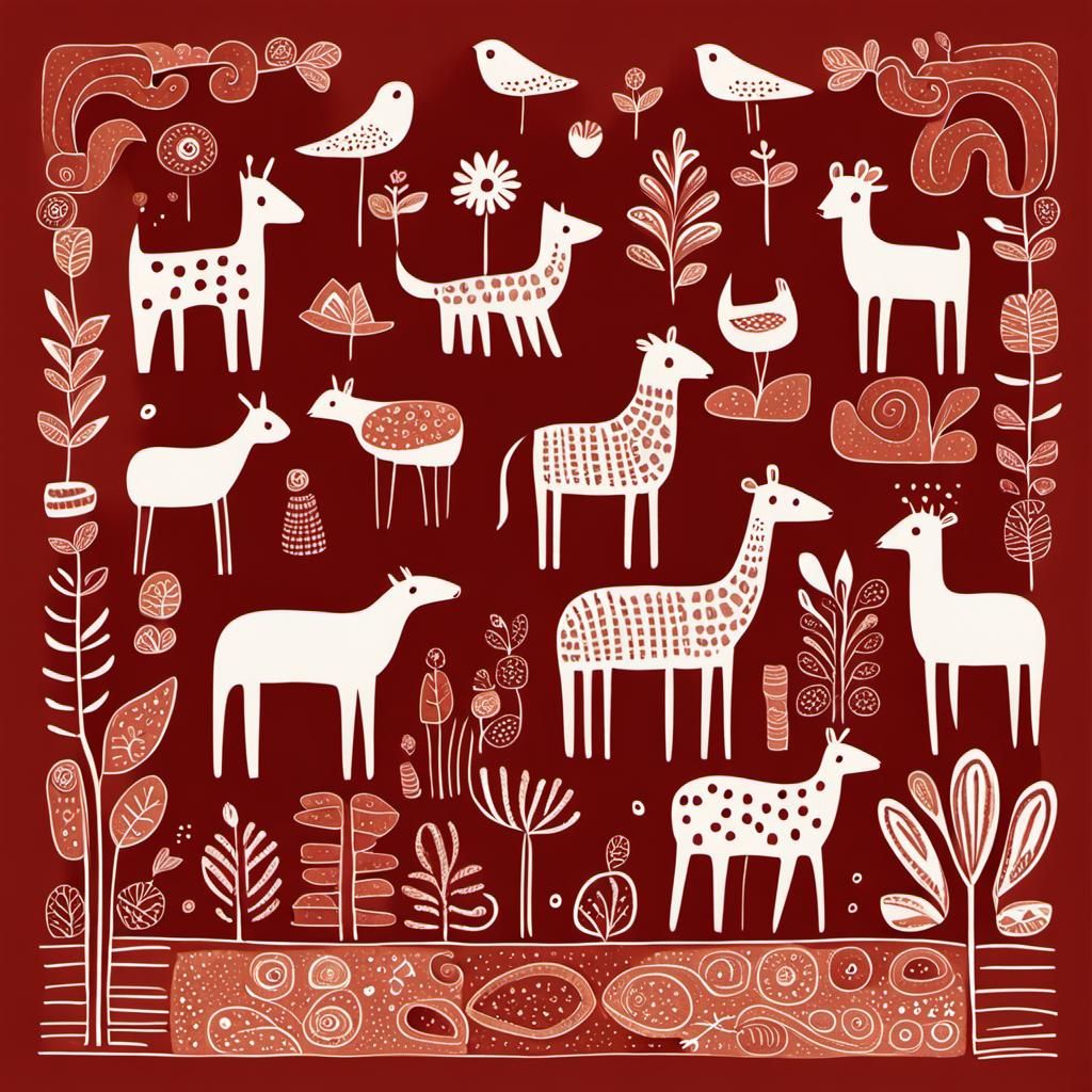 Whimsical Folk Art Illustration in Earthy Tones
