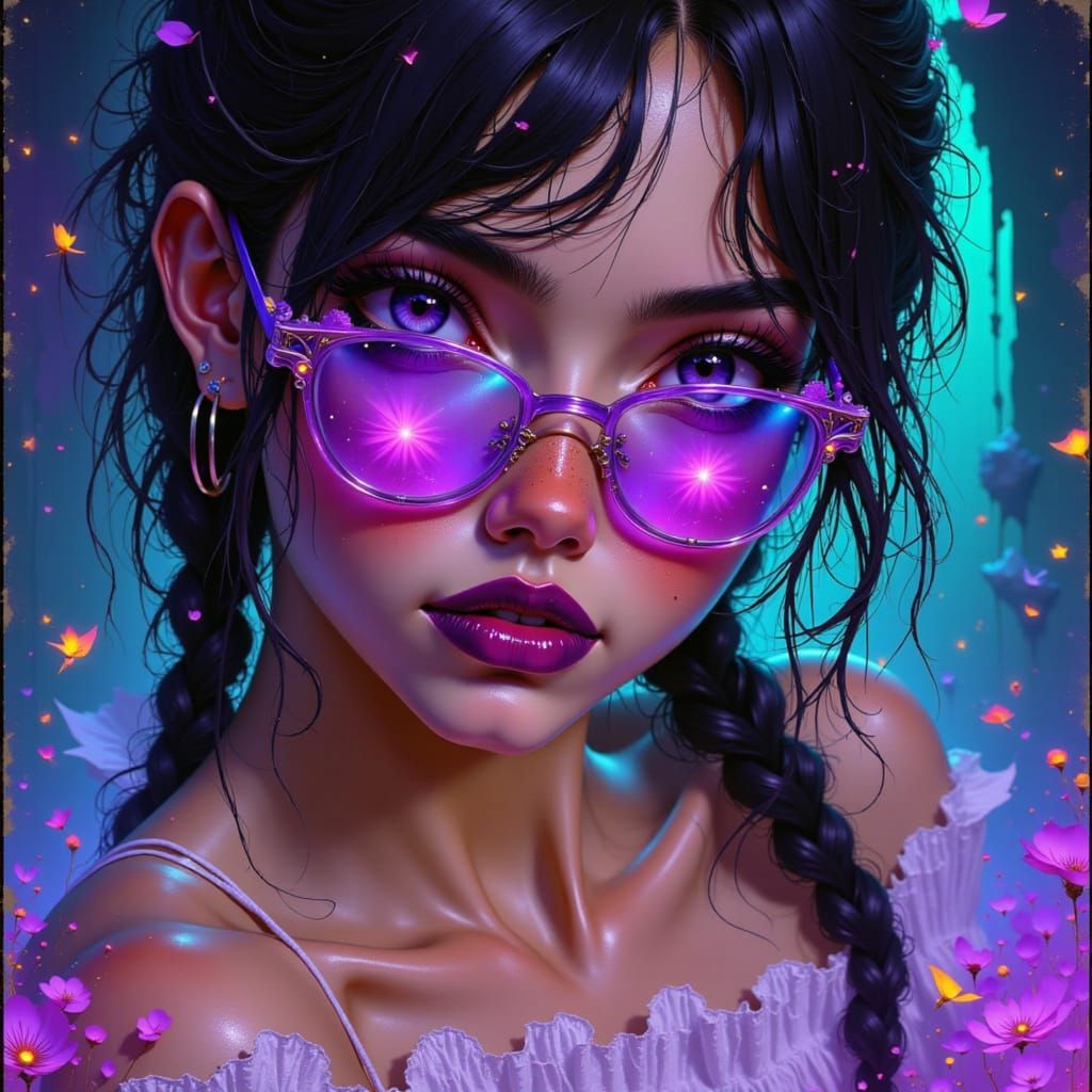 Striking Woman with Violet Glasses in Grungy Futurism