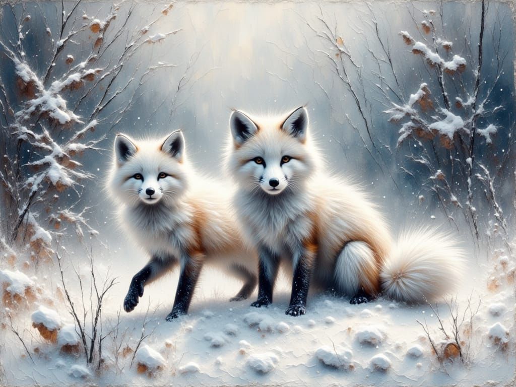 Impasto Oil Painting of Arctic Fox in Winter Landscape