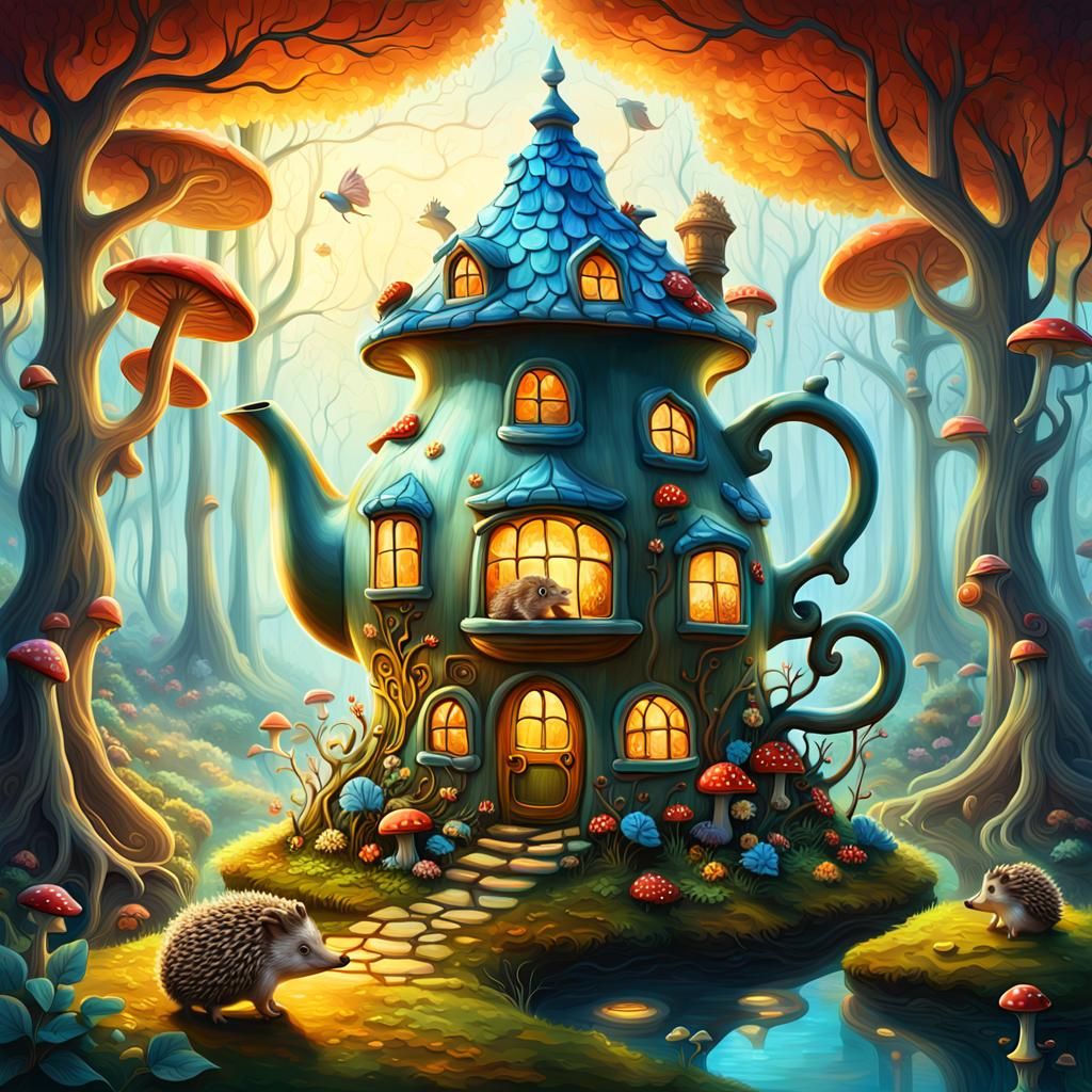 Whimsical Teapot House in Mystical Forest, Digital Art