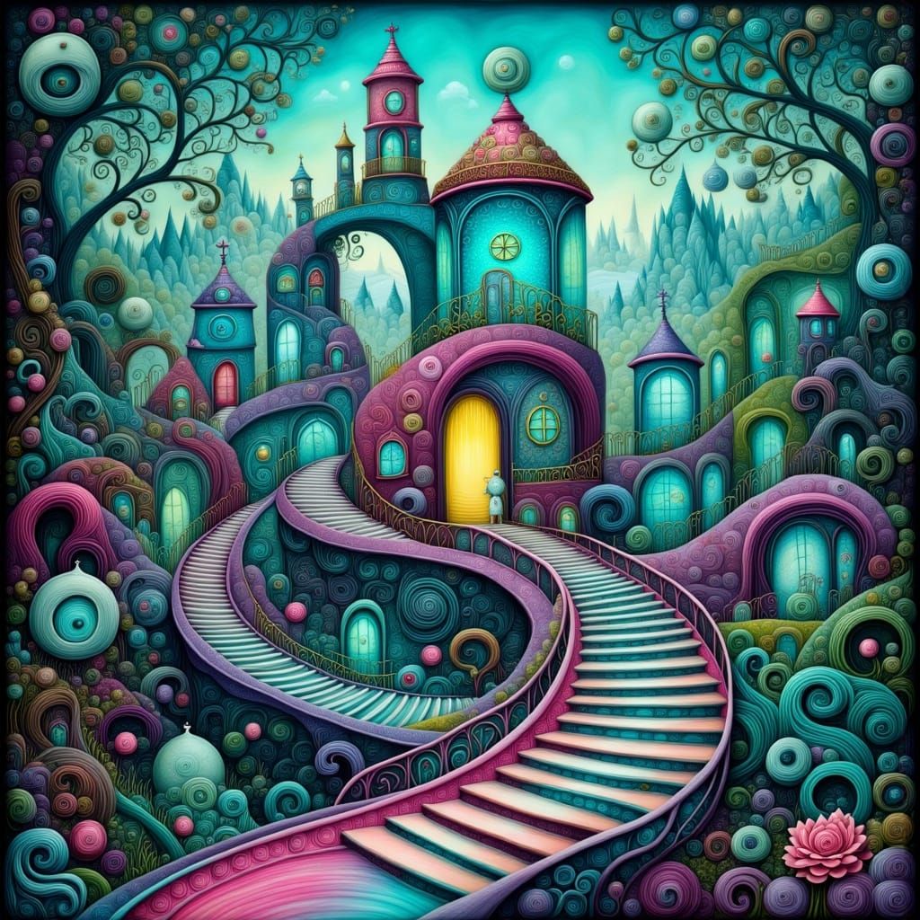 Glass Train with Floating Eyes in Futuristic Neon Style