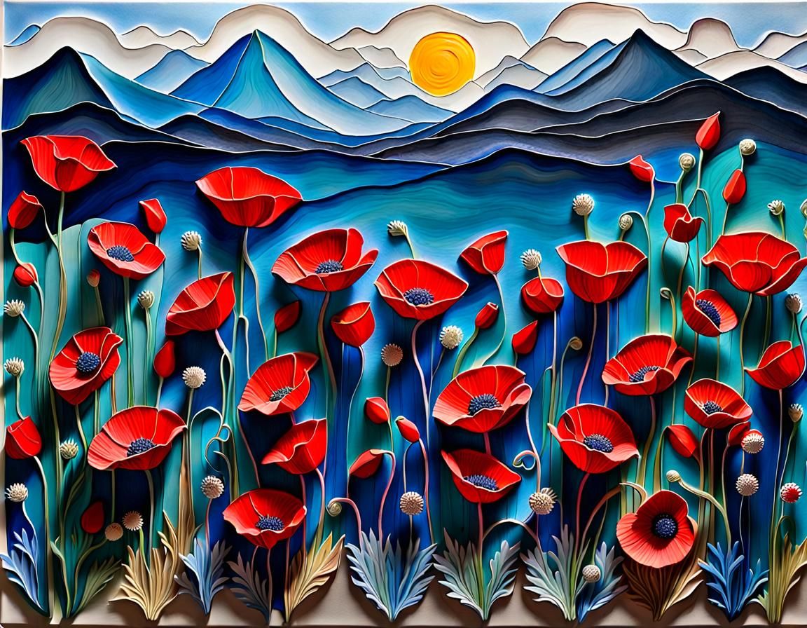 red poppies , marquarites ,  art sculpture  3D