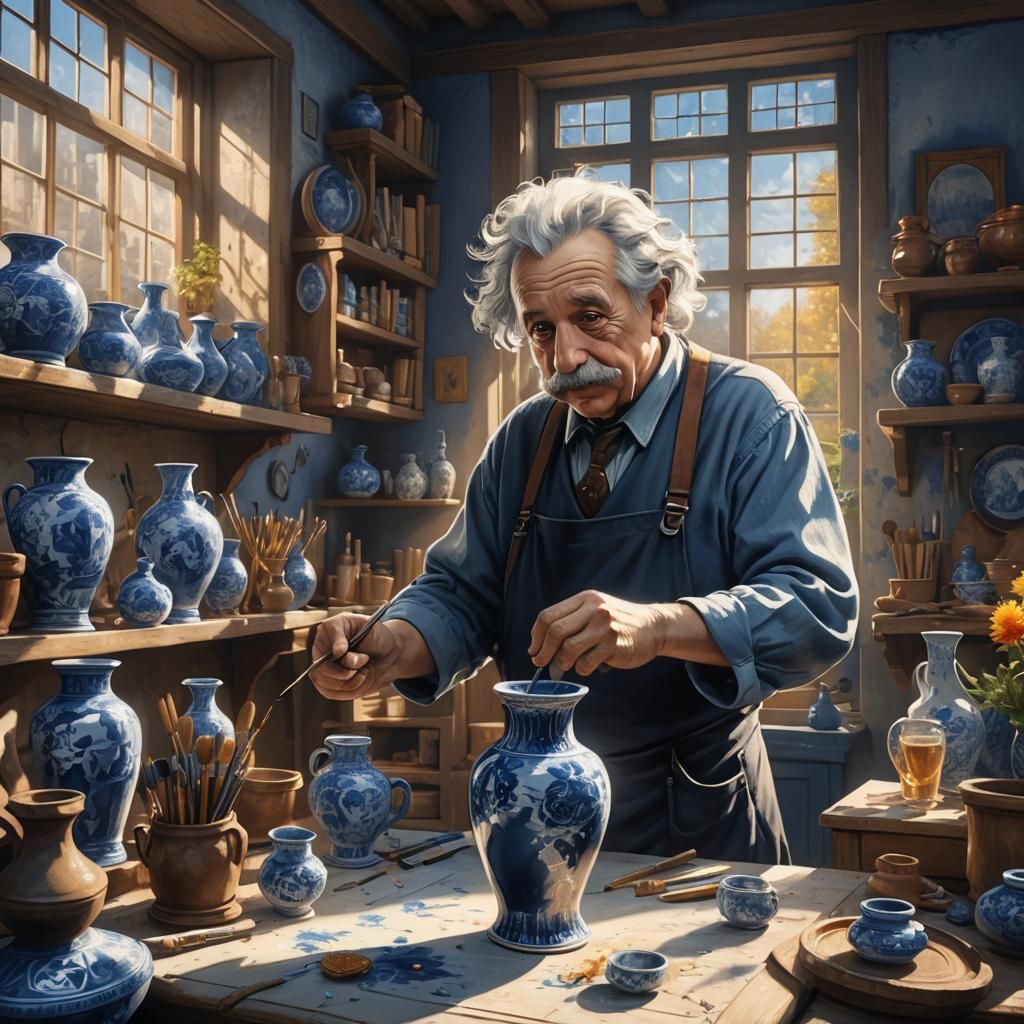 Einstein Painting Delft Blue Vase, Detailed Matte Painting