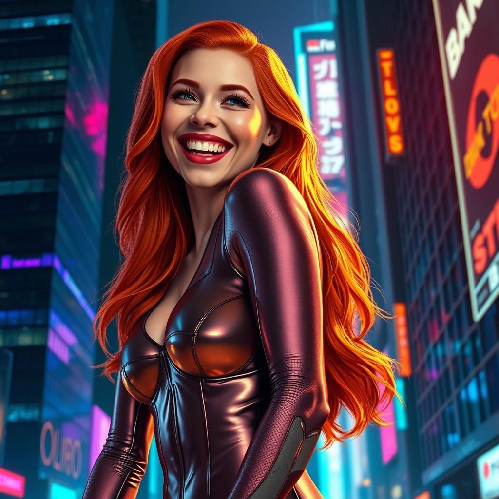 Ginger-Haired Woman's Cyberpunk Joy in Metallic Bodysuit