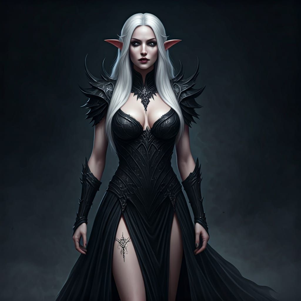 Dark Elf Sorceress in Black Gown: Fantasy Art