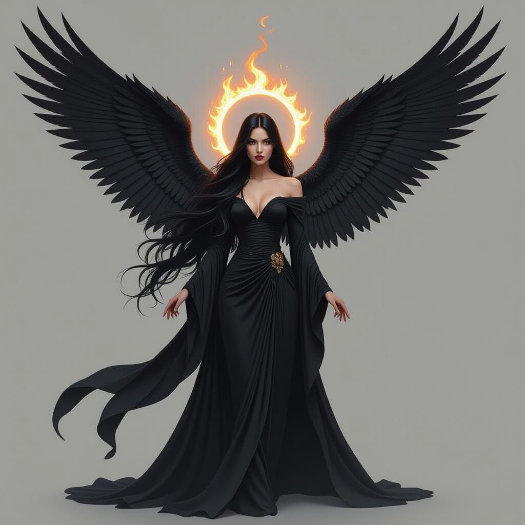 Mystical Woman with Black Wings and Fiery Halo