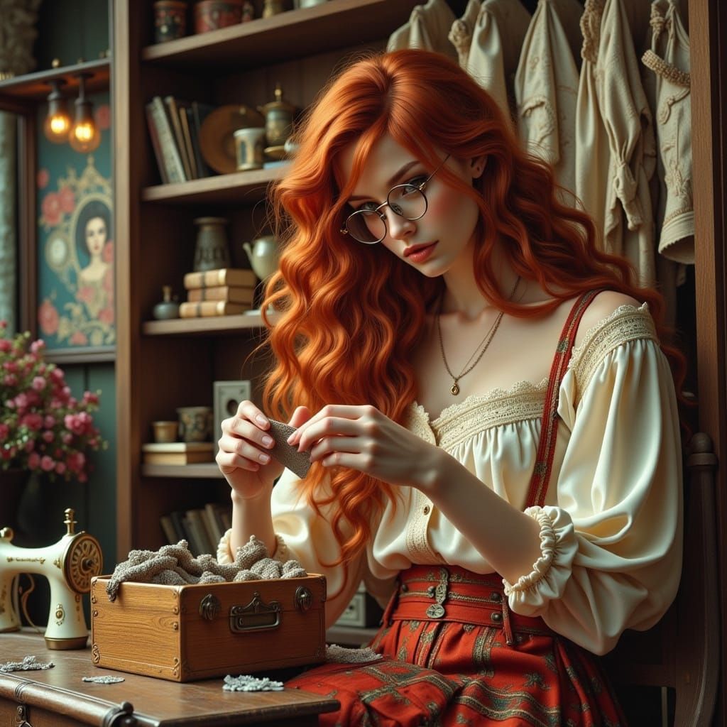 Victorian Seamstress in Art Nouveau Style