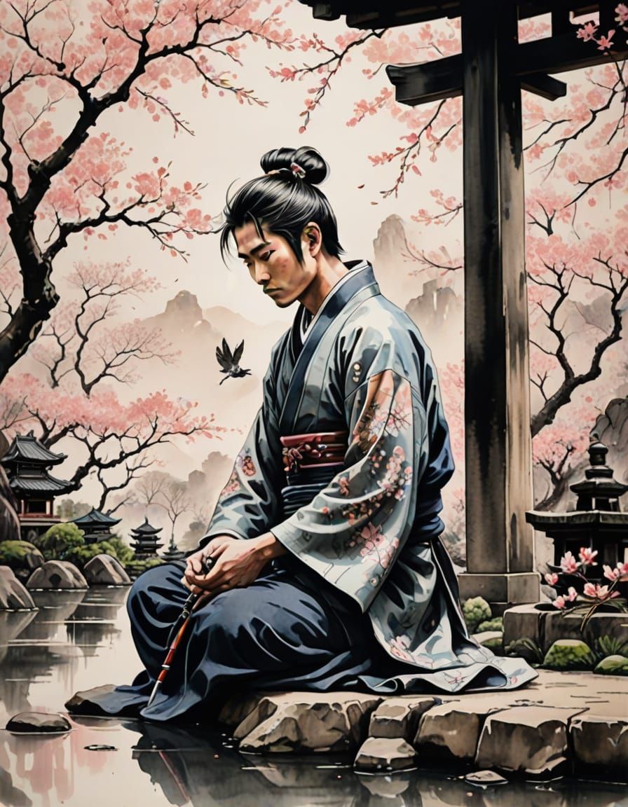 Traditional Japanese Art Zen Garden Scene in Ink and Waterco...