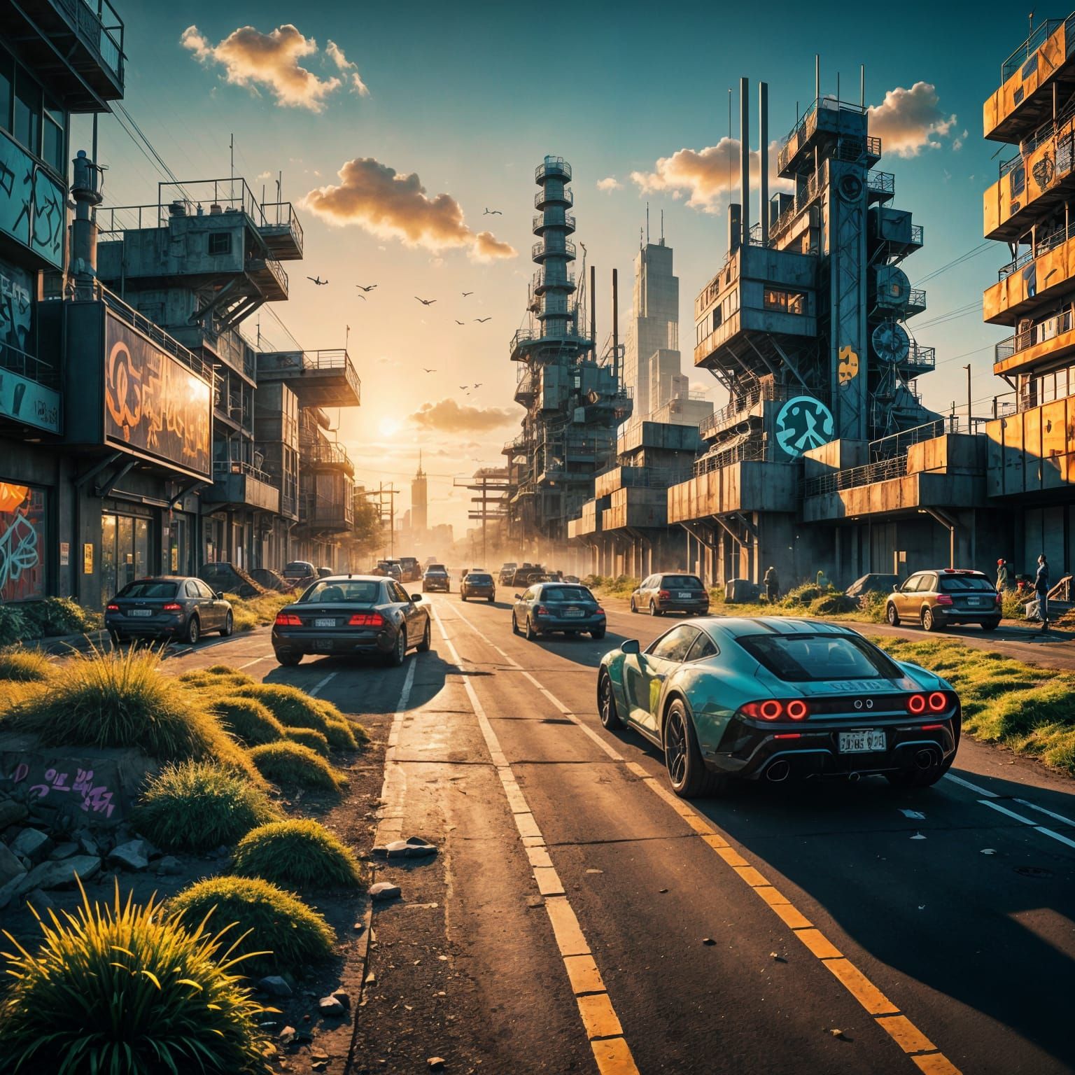 Vibrant Sci-Fi Landscape with Organized Industrial Hubs