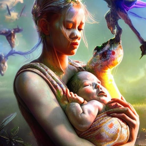 Mother and Baby: Intricate Fantasy Art