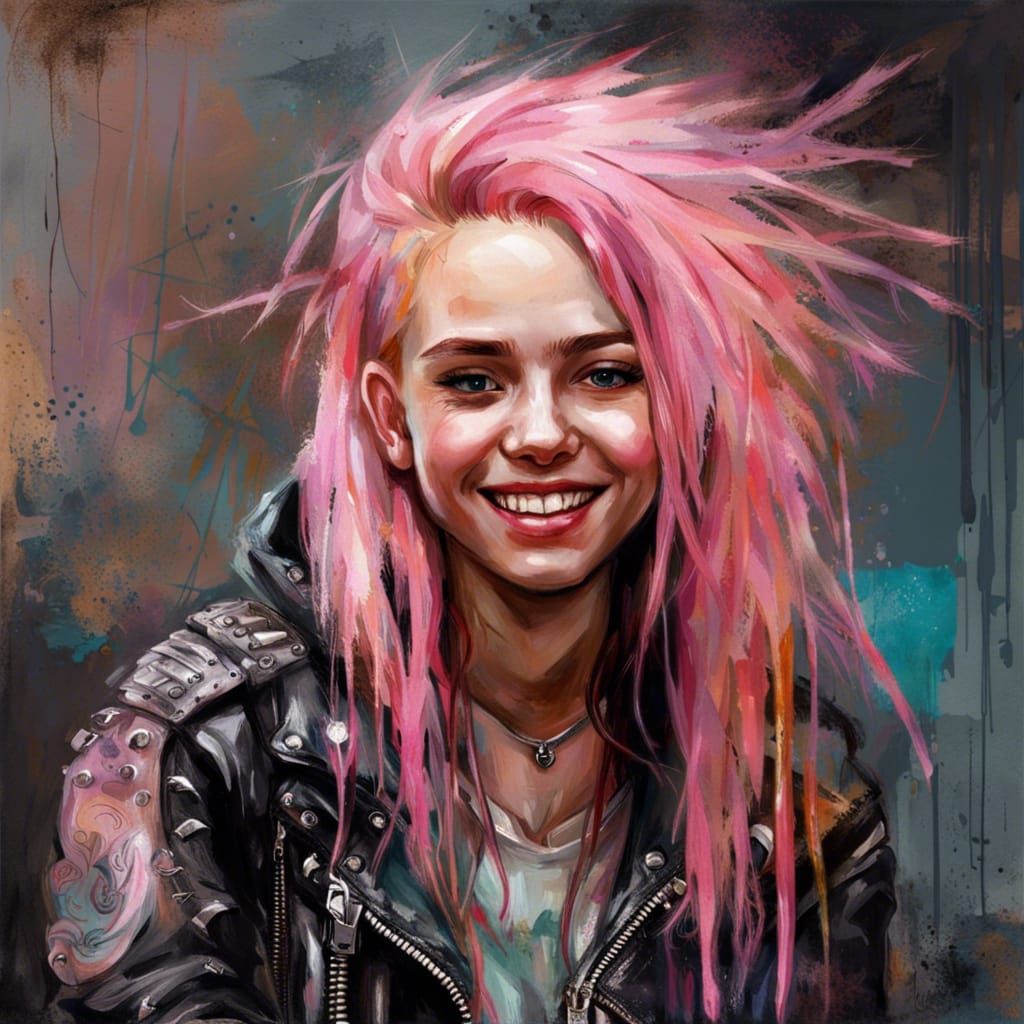 Teenage Punk Girl with Pink Hair: Detailed Painting