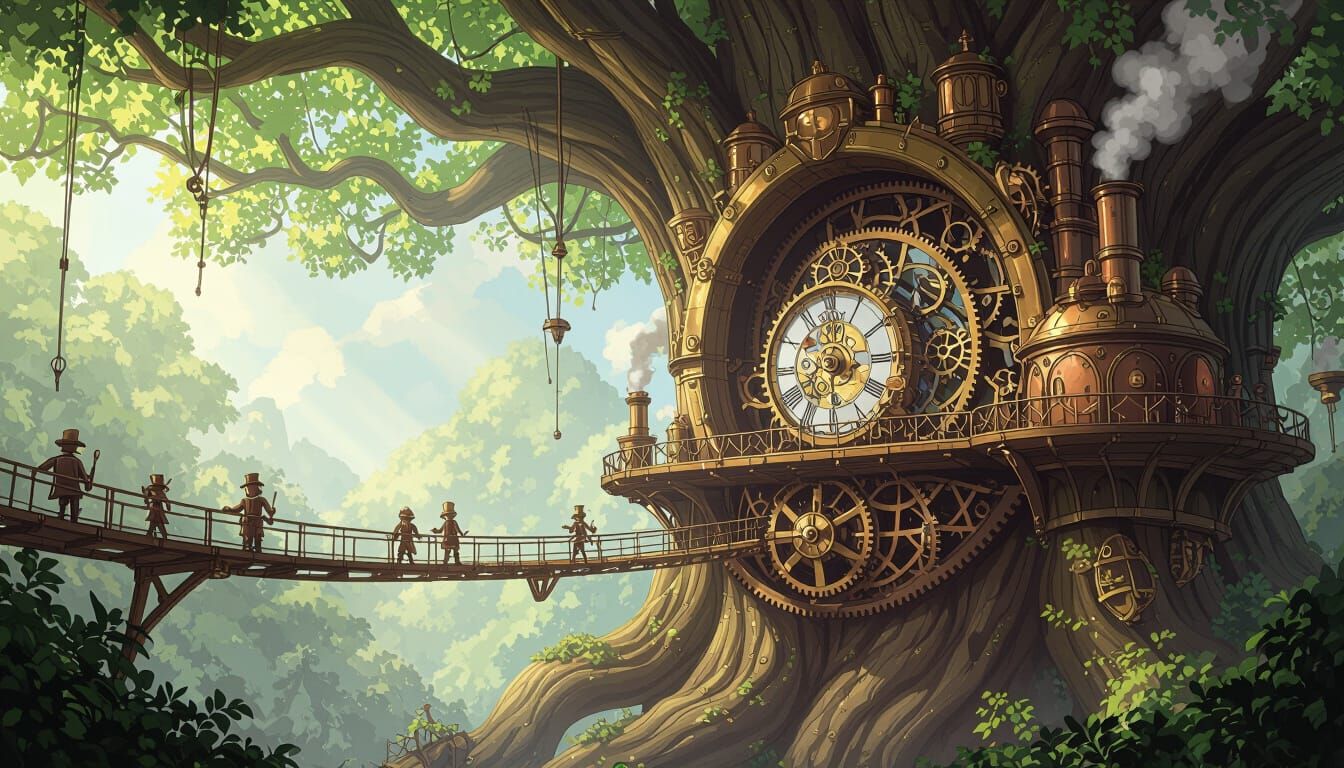 Whimsical Clockwork City in Ancient Treant Trunk