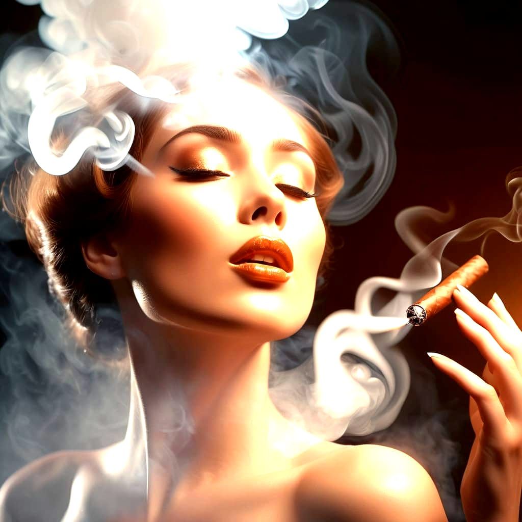 Sultry Woman Emerges from Cigar Smoke in Luxurious Setting