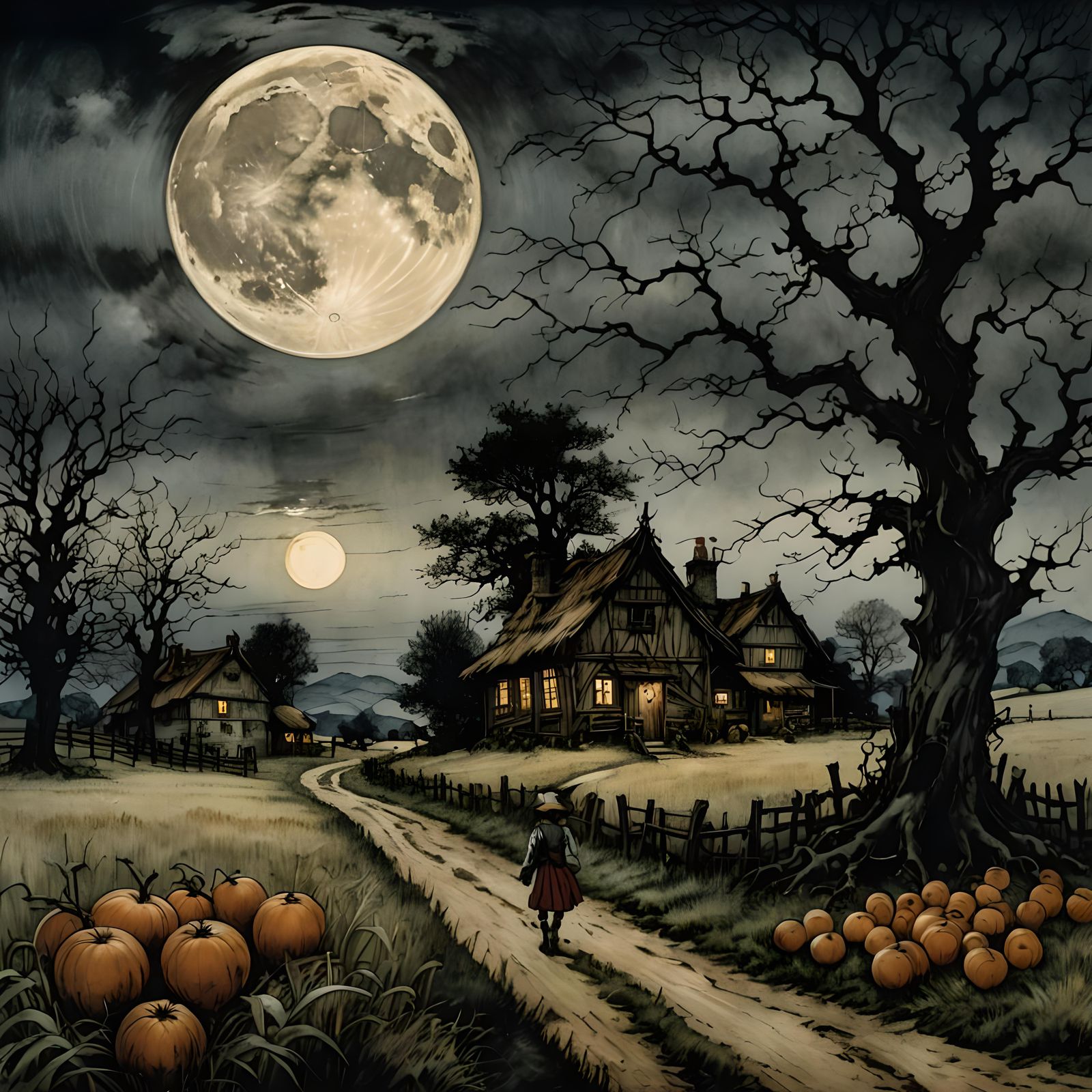 Harvest moon, background By arthur rackham, by tim  burton
