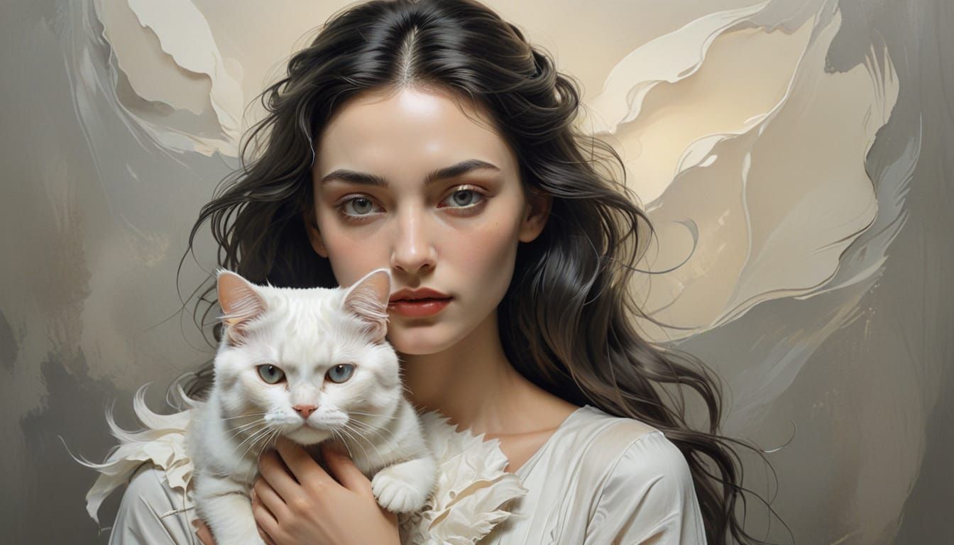 Watercolor Paper Cut: Woman with White Cat