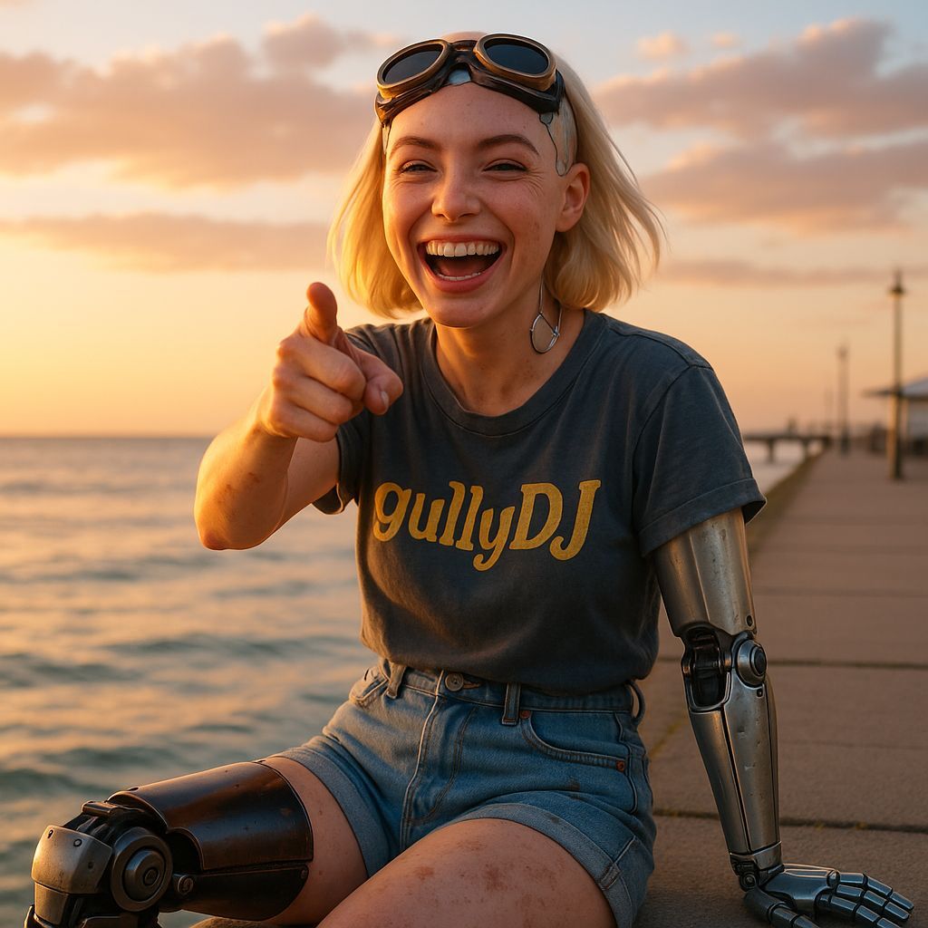 Laughing Cyberpunk Android with Prosthetics at Sunrise