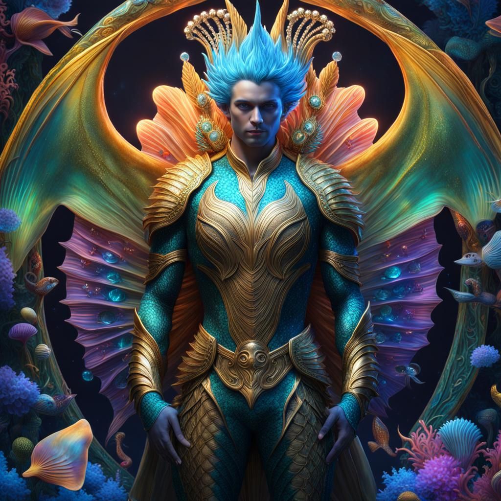 Bioluminescent Merman with Crystalline Armor in Hyperreal De...