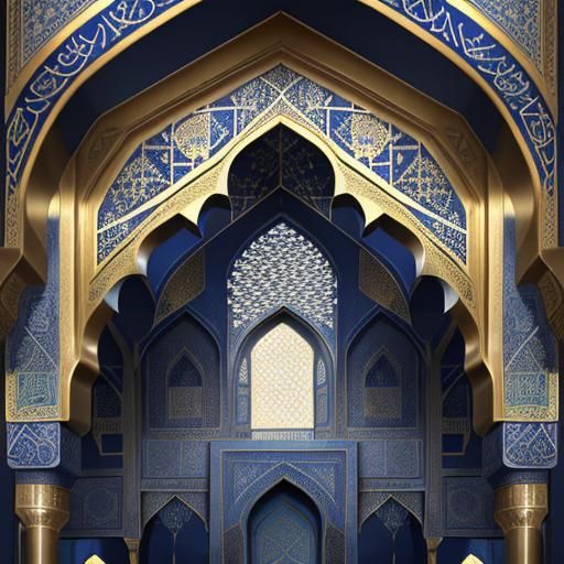 Historic Iranian Mosque Interior with Golden Calligraphy