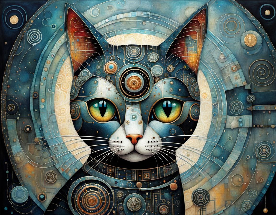 Whimsical Cyborg Cat Illustration in Klimt Style