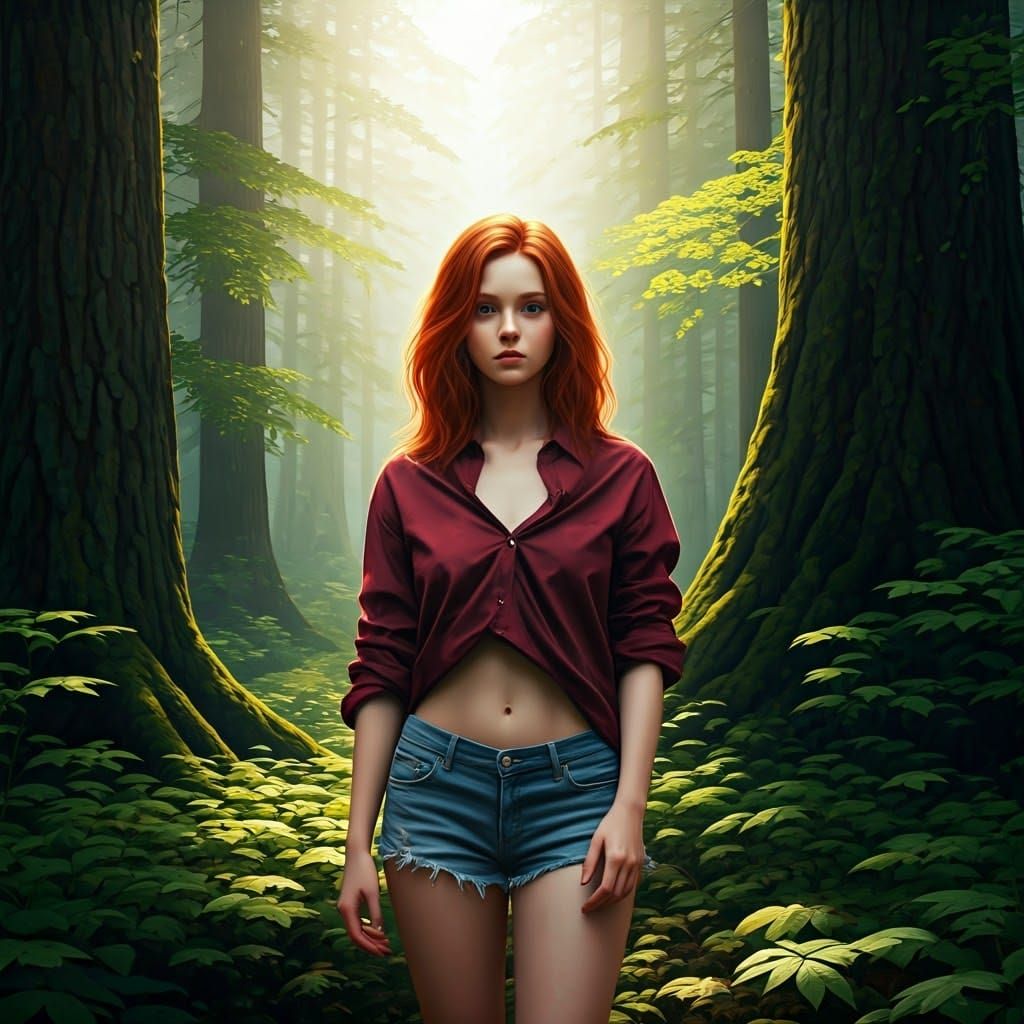 Red-Haired Girl in Forest, High-Fantasy Concept Art