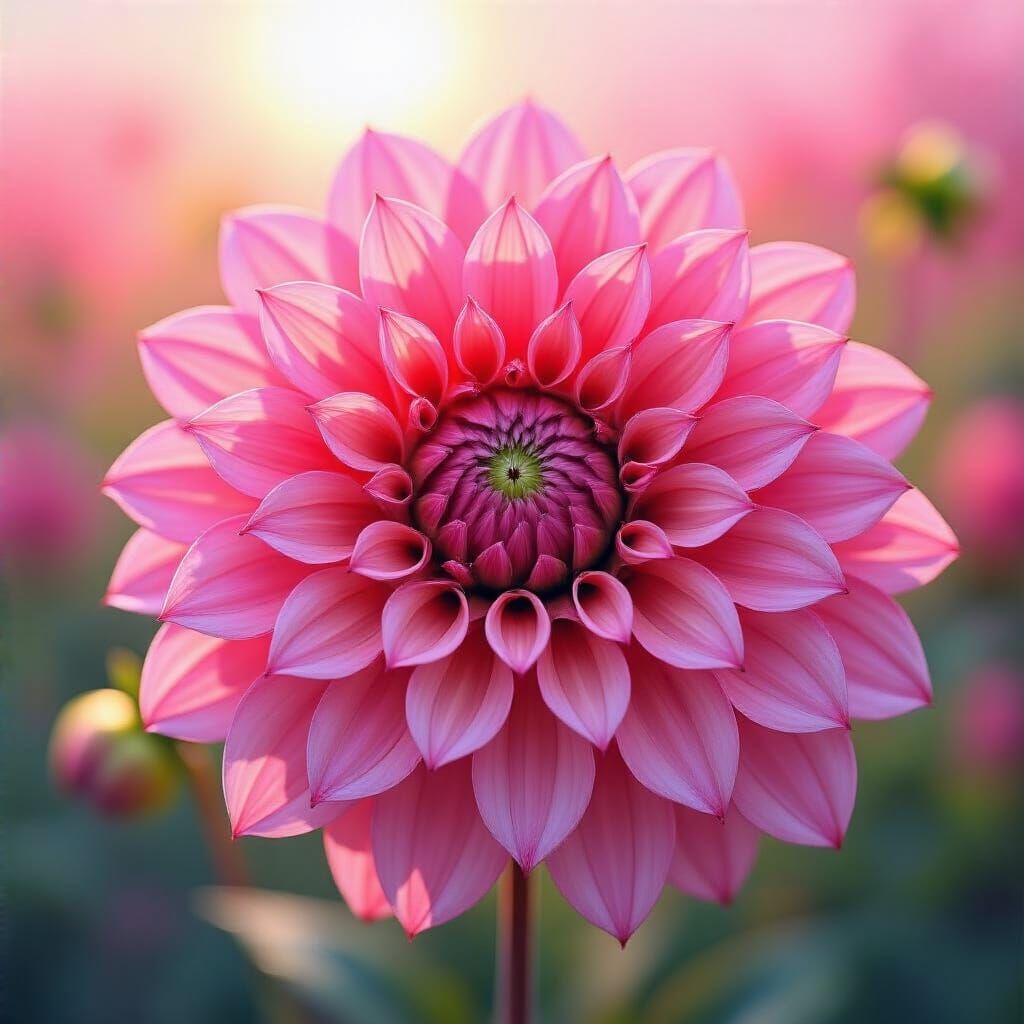 Pink Dahlia Flower in Brilliant Sunlight as Watercolor Paint...