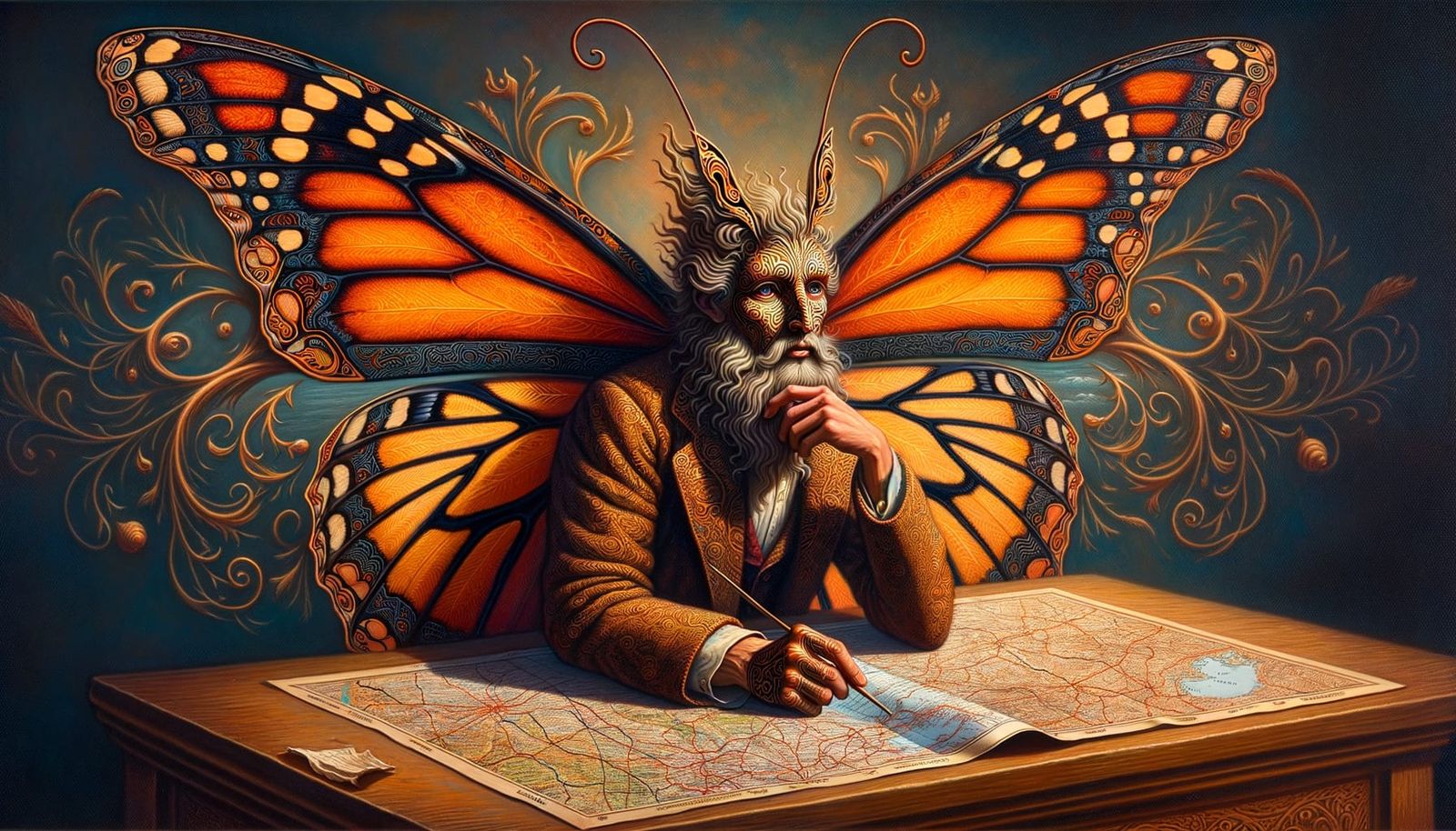 Humanoid Butterfly Peruses Flight Map in Orientalist Style