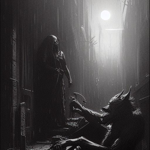 Vampire Death Dealer Versus Werewolf in Dark Alley