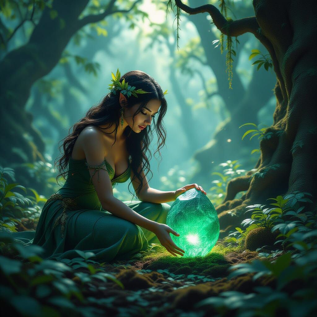Dryad Tends Glowing Emerald in Sunlit Forest