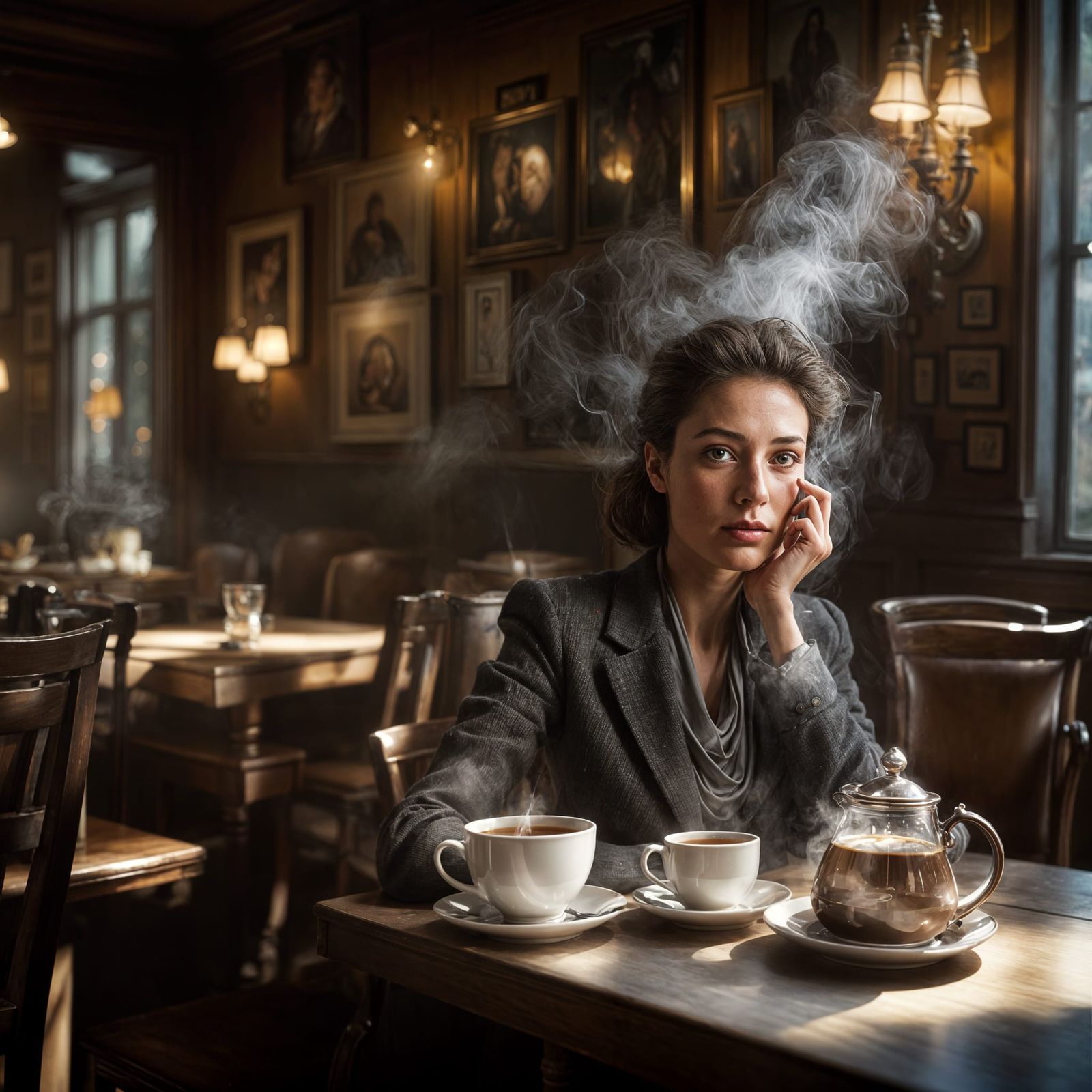 Beautiful Woman in Cafe: Photorealistic Portrait