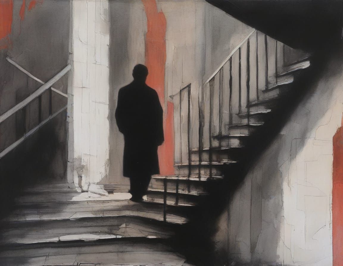 Two-Faced Figure in Brutalist Maze: Goya-Inspired Art