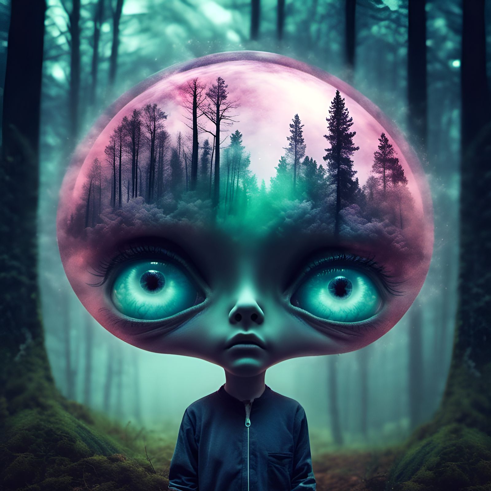 Surreal Double Exposure: Alien Forest Galaxy