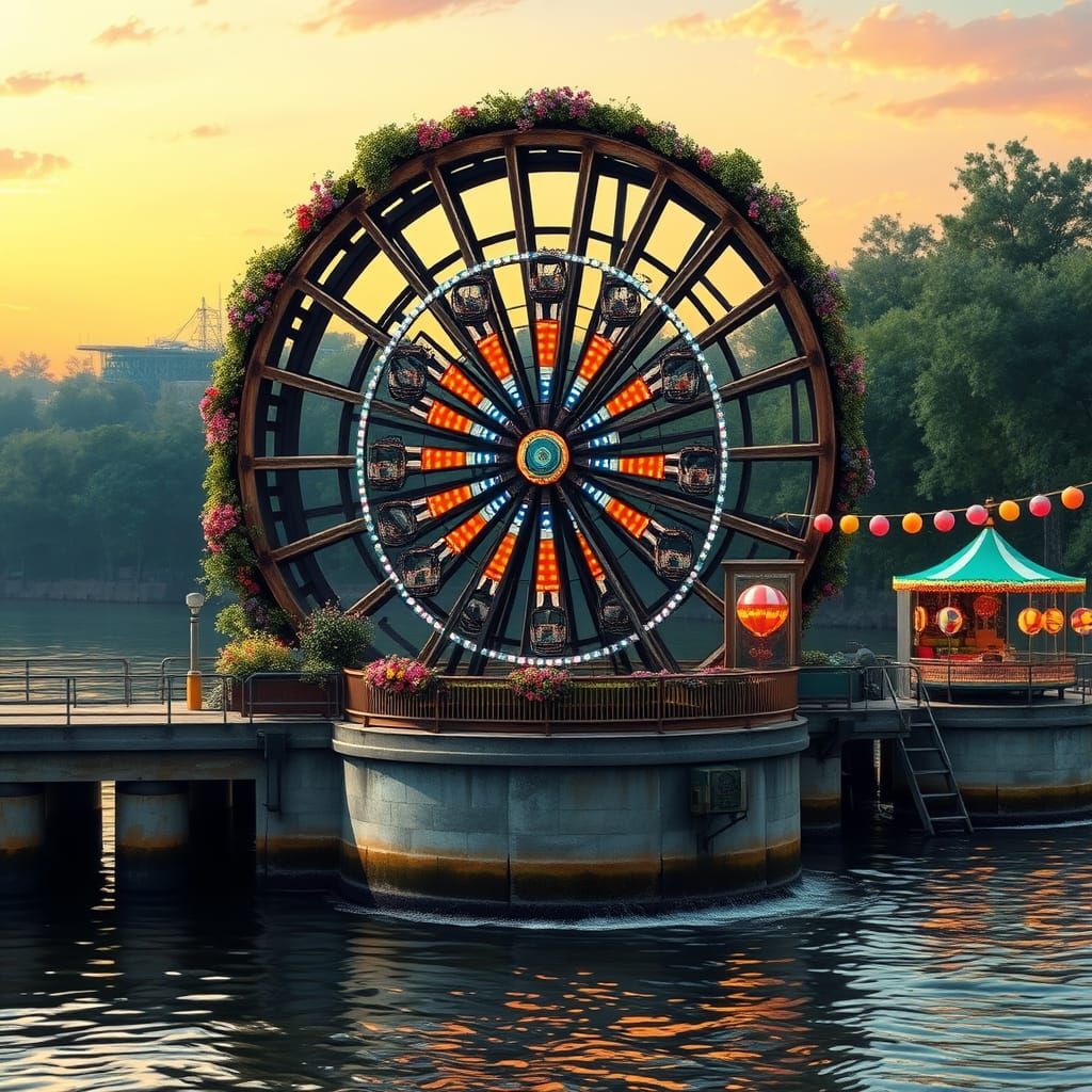 Rustic Water Wheel Powers Vibrant Ferris Wheel in Whimsical ...