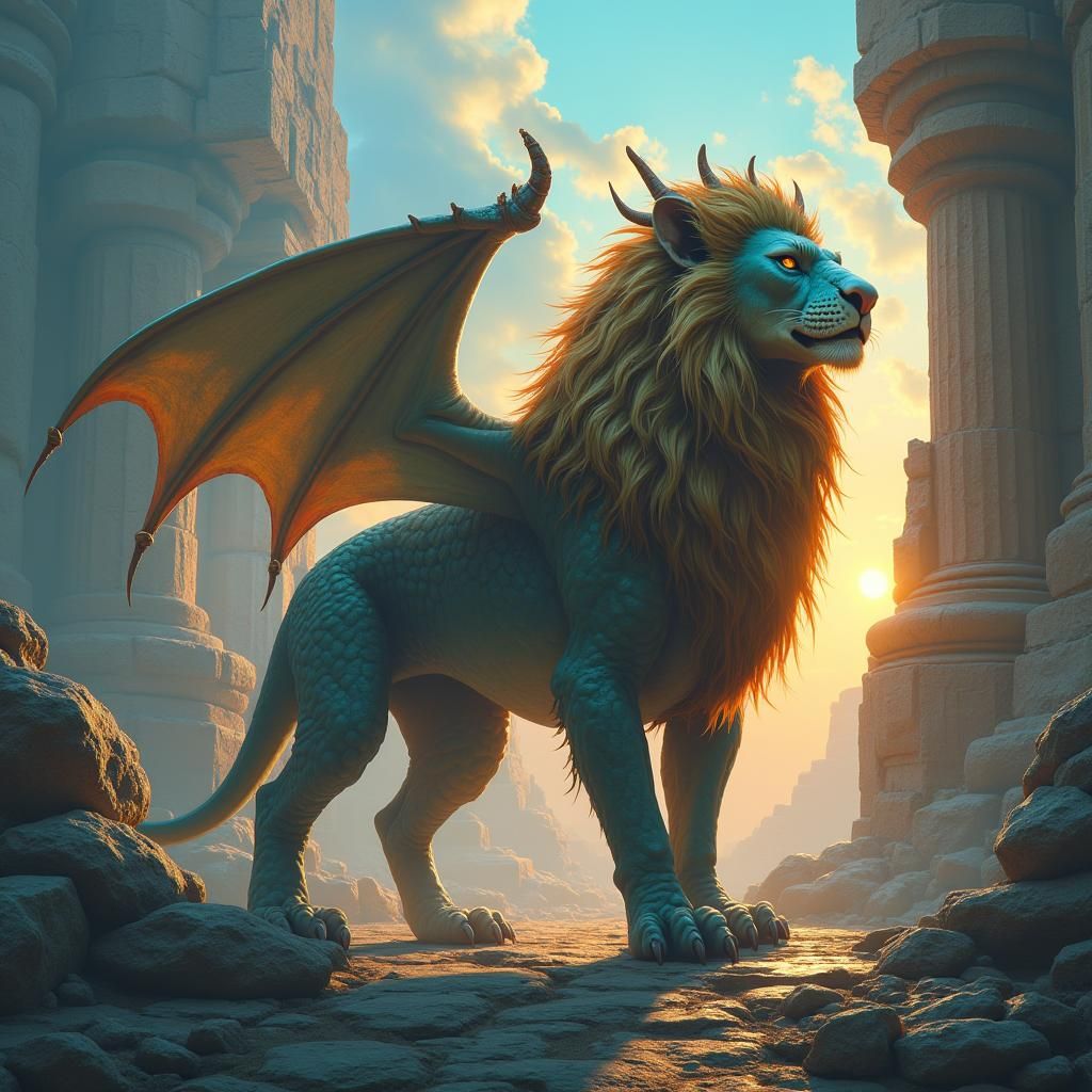 Majestic Dragon-Lion Hybrid in Ancient Ruins