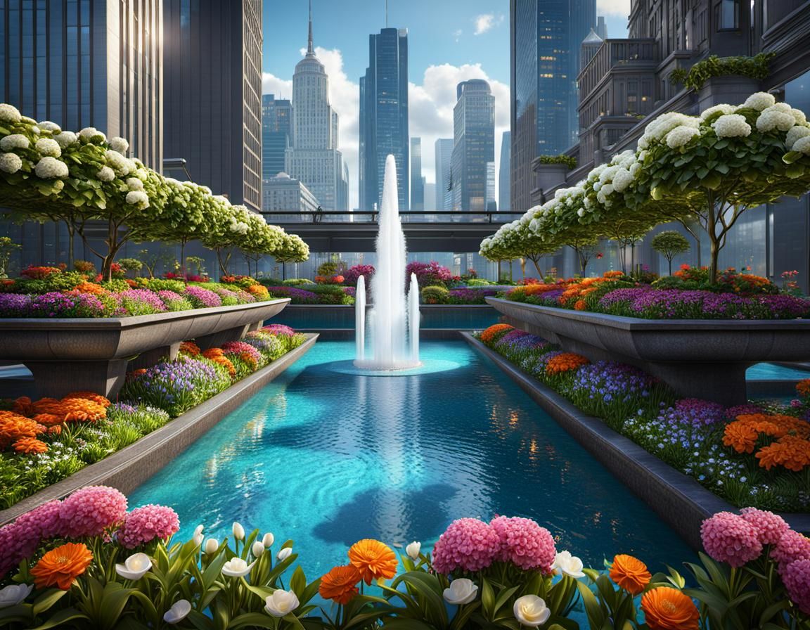 Rooftop Garden Oasis with Cityscape, Fantasy Art