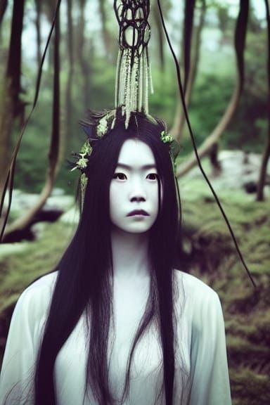 Ethereal Goddess in Hyperdetailed Ghibli Landscape