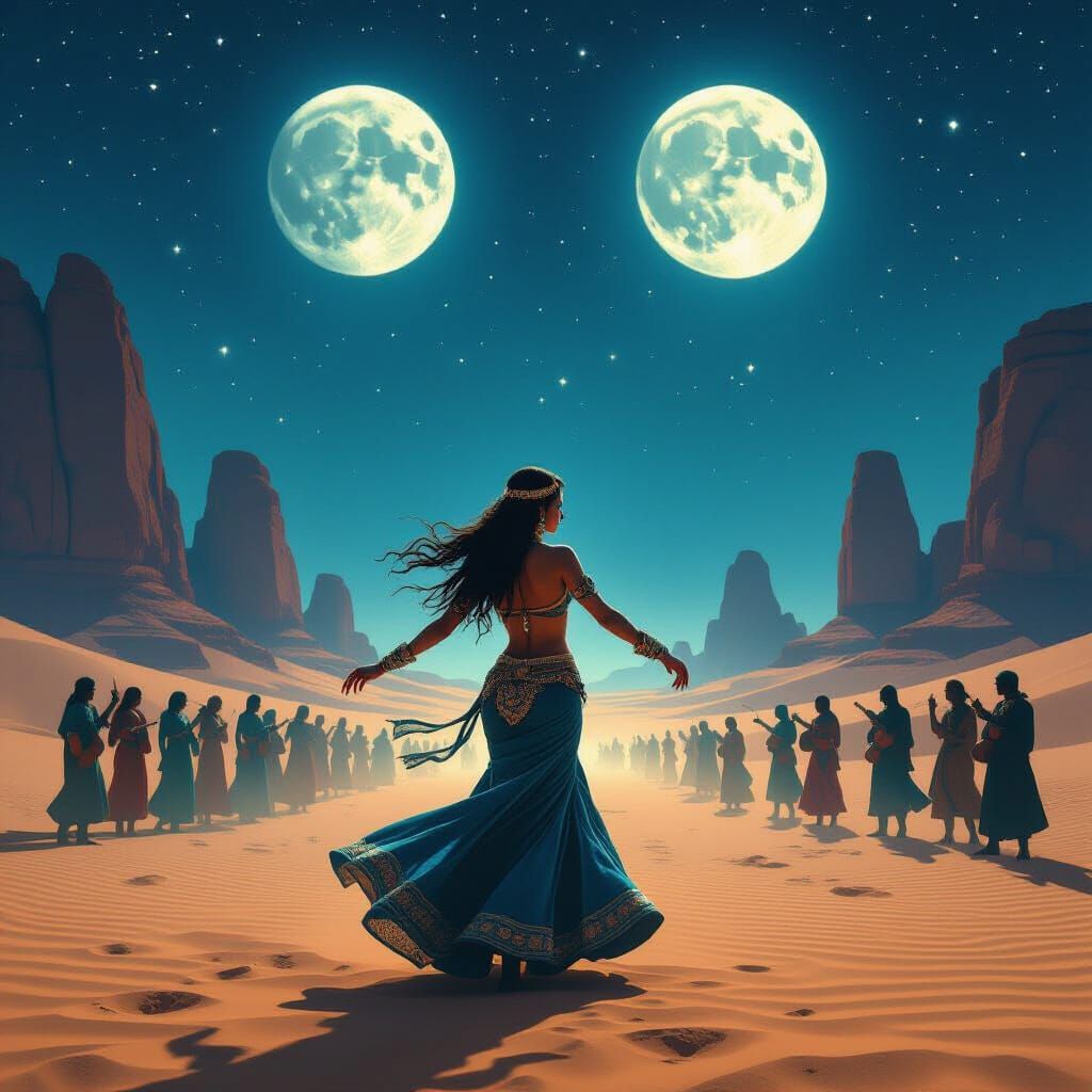 Belly Dancer Under Twin Moons in Retro Sci-Fi Desert